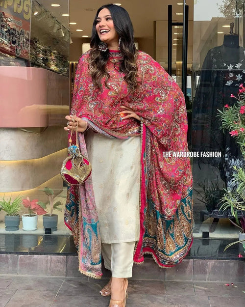 Jeckard Silk Embroidery Zari work Kurti Pant dupatta  Set