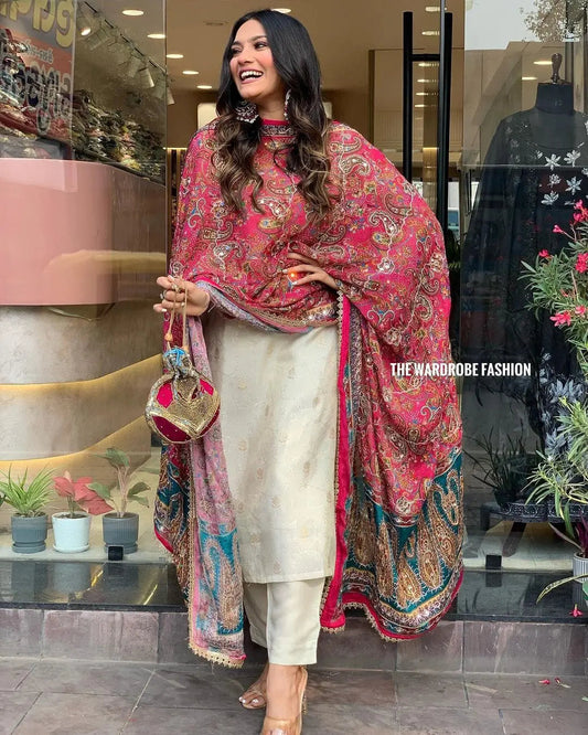 Jeckard Silk Embroidery Zari work Kurti Pant dupatta  Set