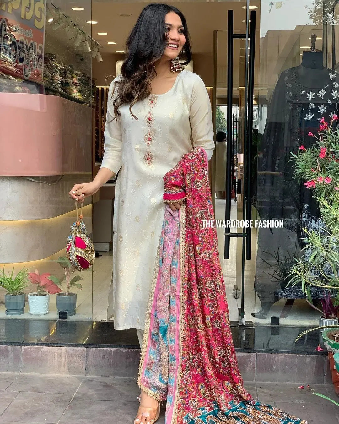 Jeckard Silk Embroidery Zari work Kurti Pant dupatta  Set