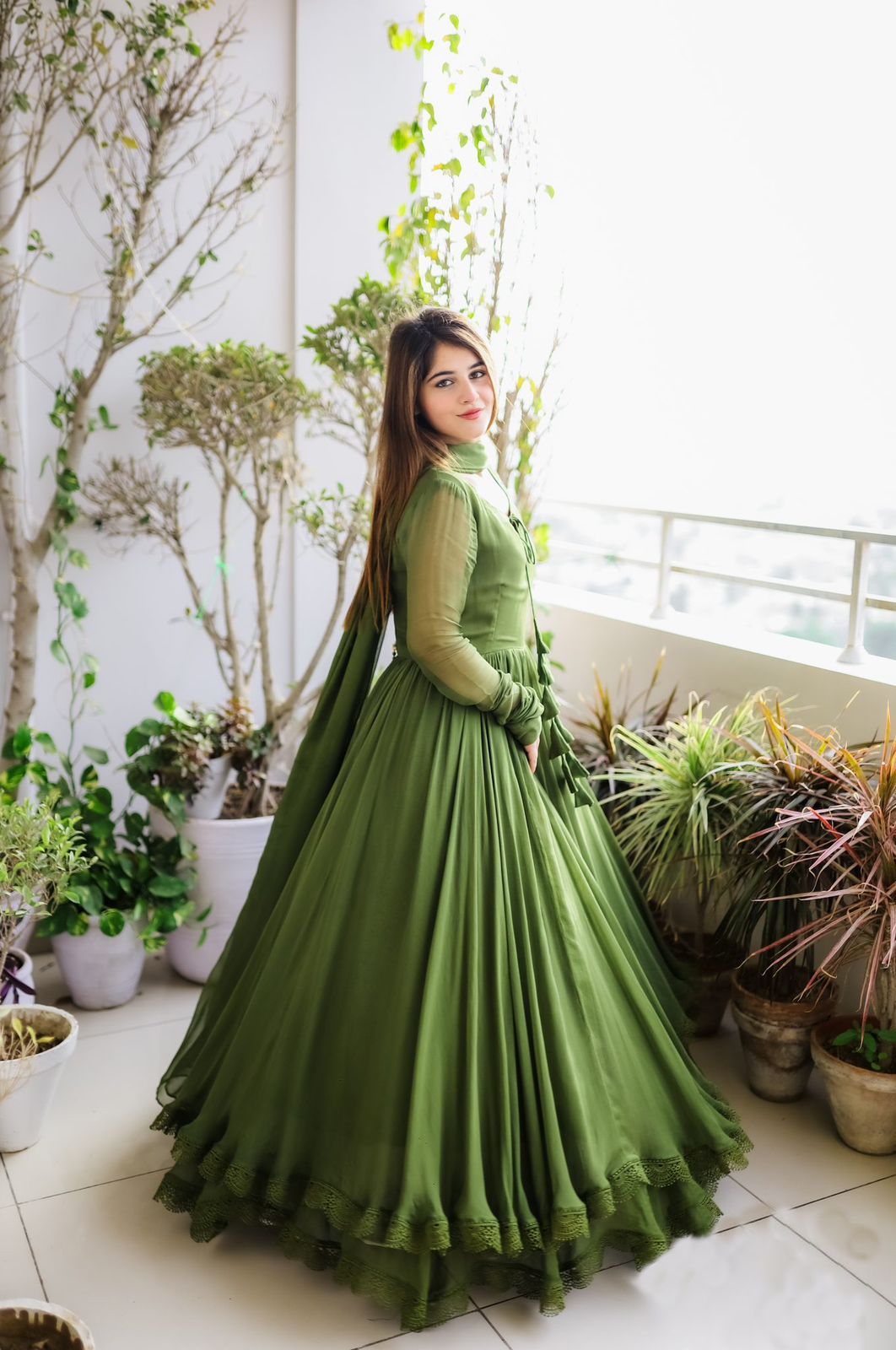 Faux Georgette Lace work With Tussels Gown (Stitched)