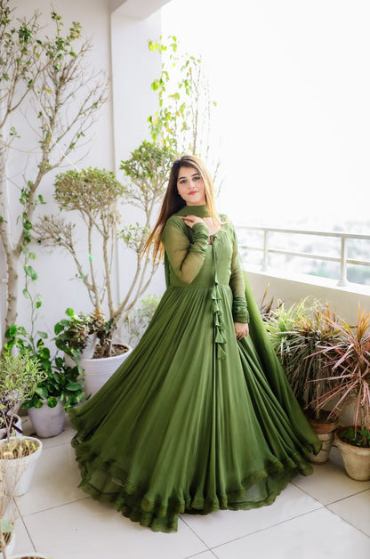 Faux Georgette Lace work With Tussels Gown (Stitched)