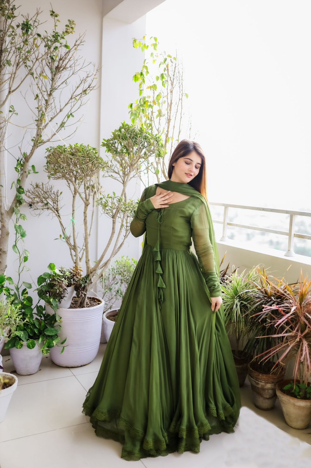 Faux Georgette Lace work With Tussels Gown (Stitched)