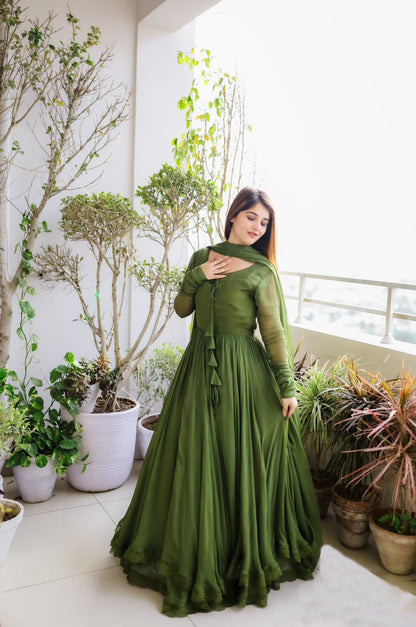 Faux Georgette Lace work With Tussels Gown (Stitched)