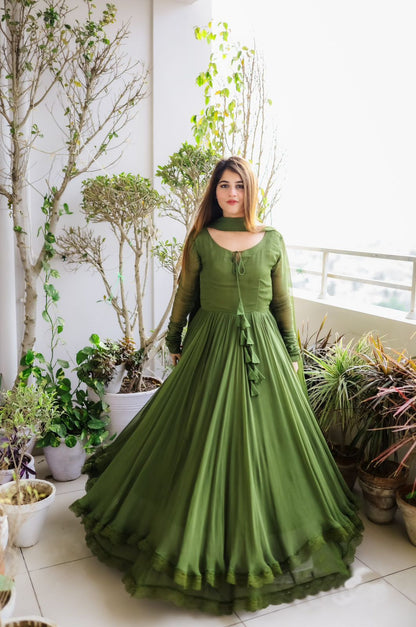 Faux Georgette Lace work With Tussels Gown (Stitched)