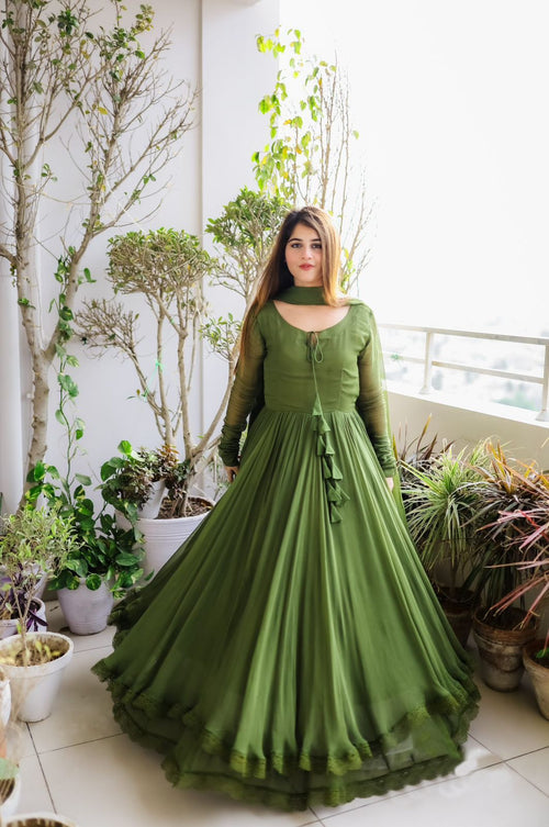 Faux Georgette Lace work With Tussels Gown (Stitched)