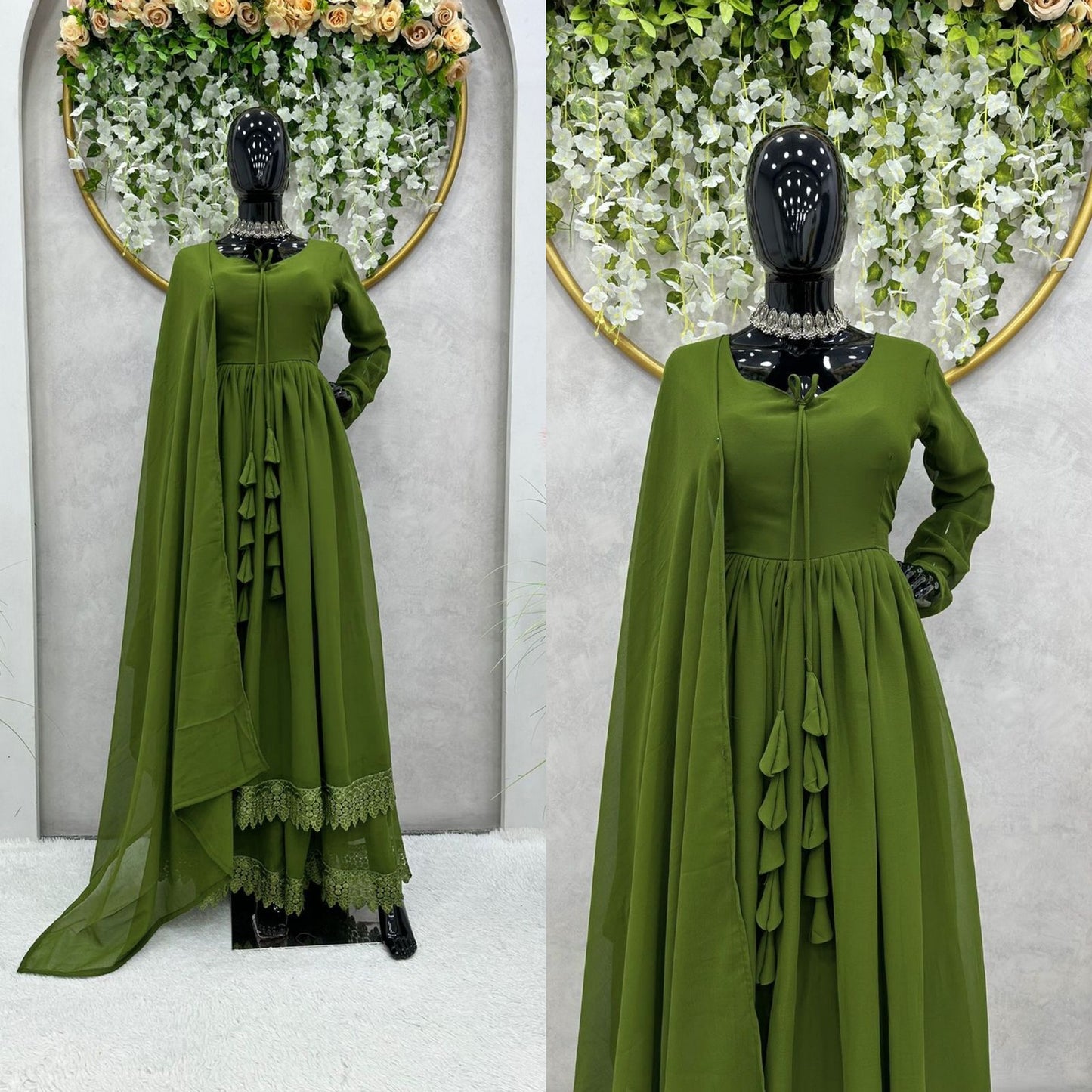 Faux Georgette Lace work With Tussels Gown (Stitched)