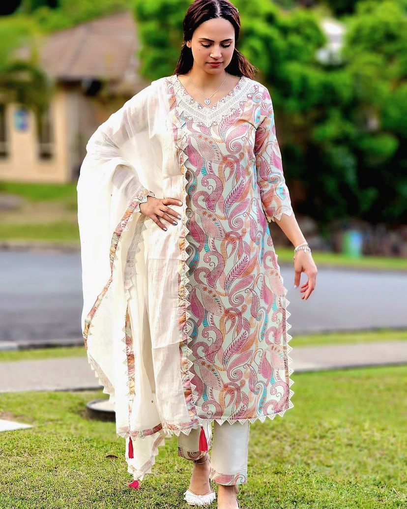 Mirror work Digital Print Kurti Pant Dupatta Set (Stitched)