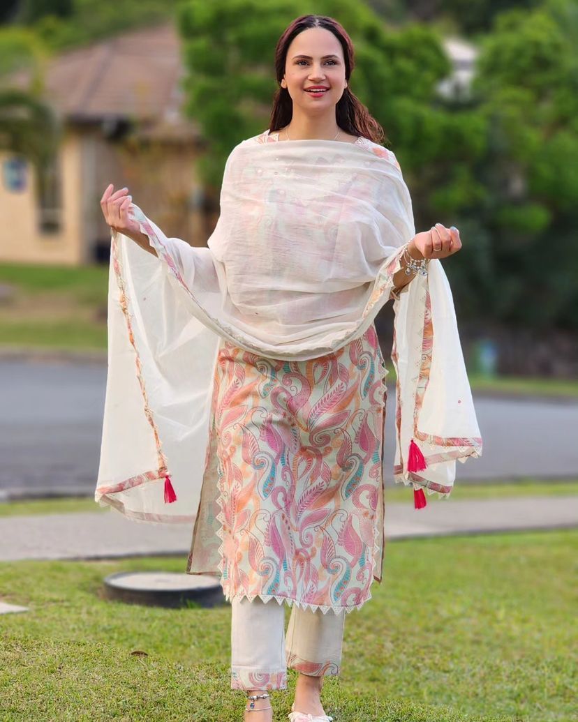 Mirror work Digital Print Kurti Pant Dupatta Set (Stitched)