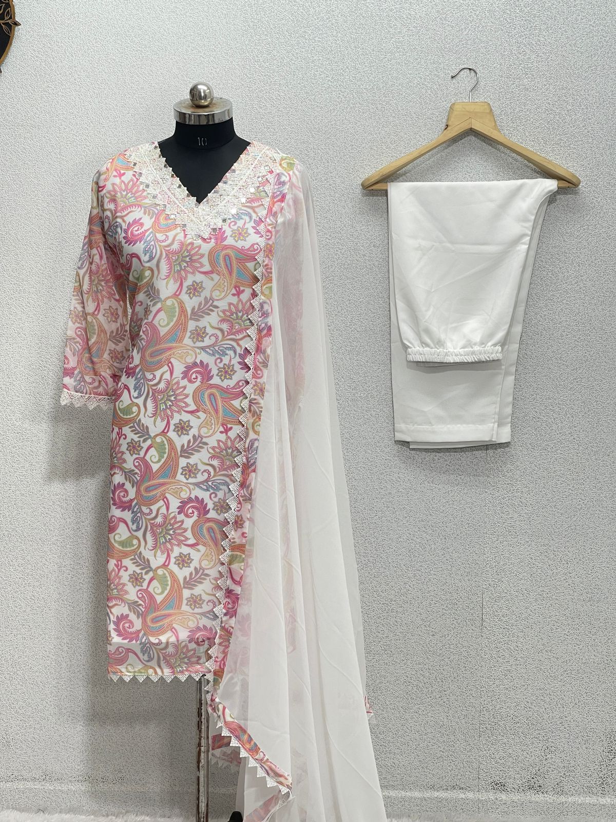 Mirror work Digital Print Kurti Pant Dupatta Set (Stitched)