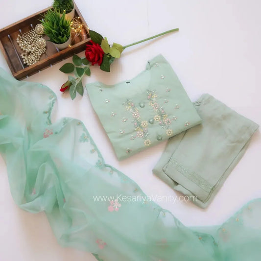 Turquoise Mirror Embroidered Suit Set