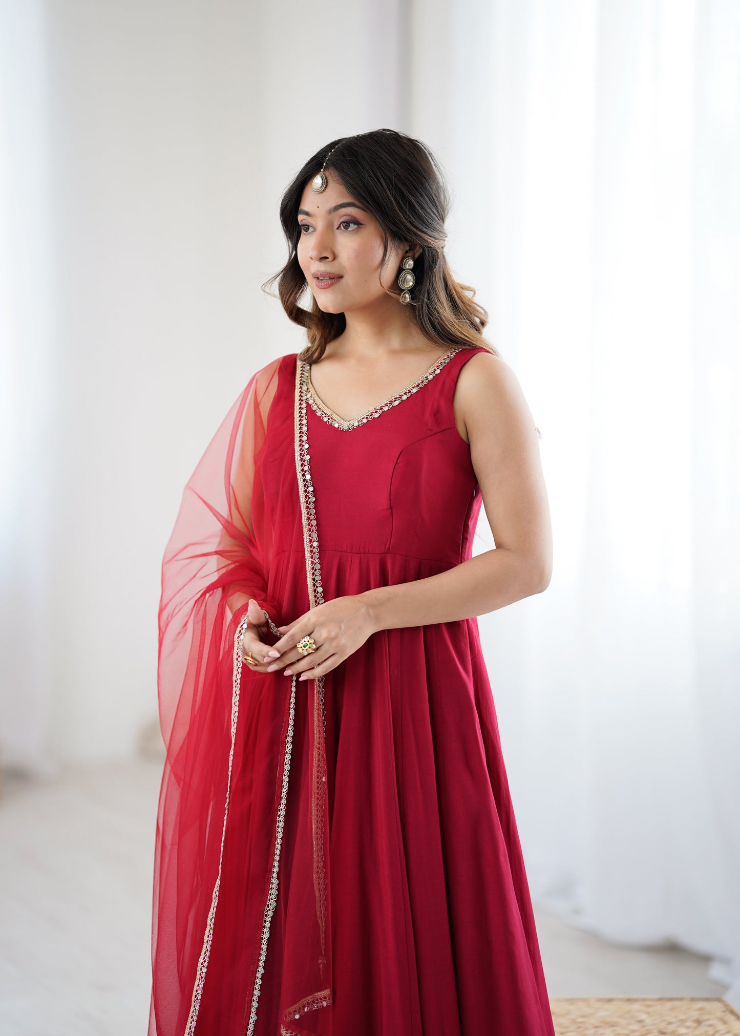 Kishika Maroon Color Anarkali Suit Set [Sleeves Fabric Attached]