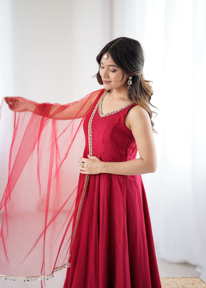 Kishika Maroon Color Anarkali Suit Set [Sleeves Fabric Attached]