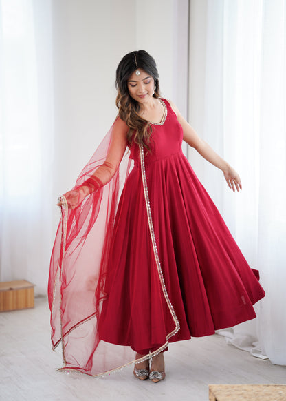 Kishika Maroon Color Anarkali Suit Set [Sleeves Fabric Attached]