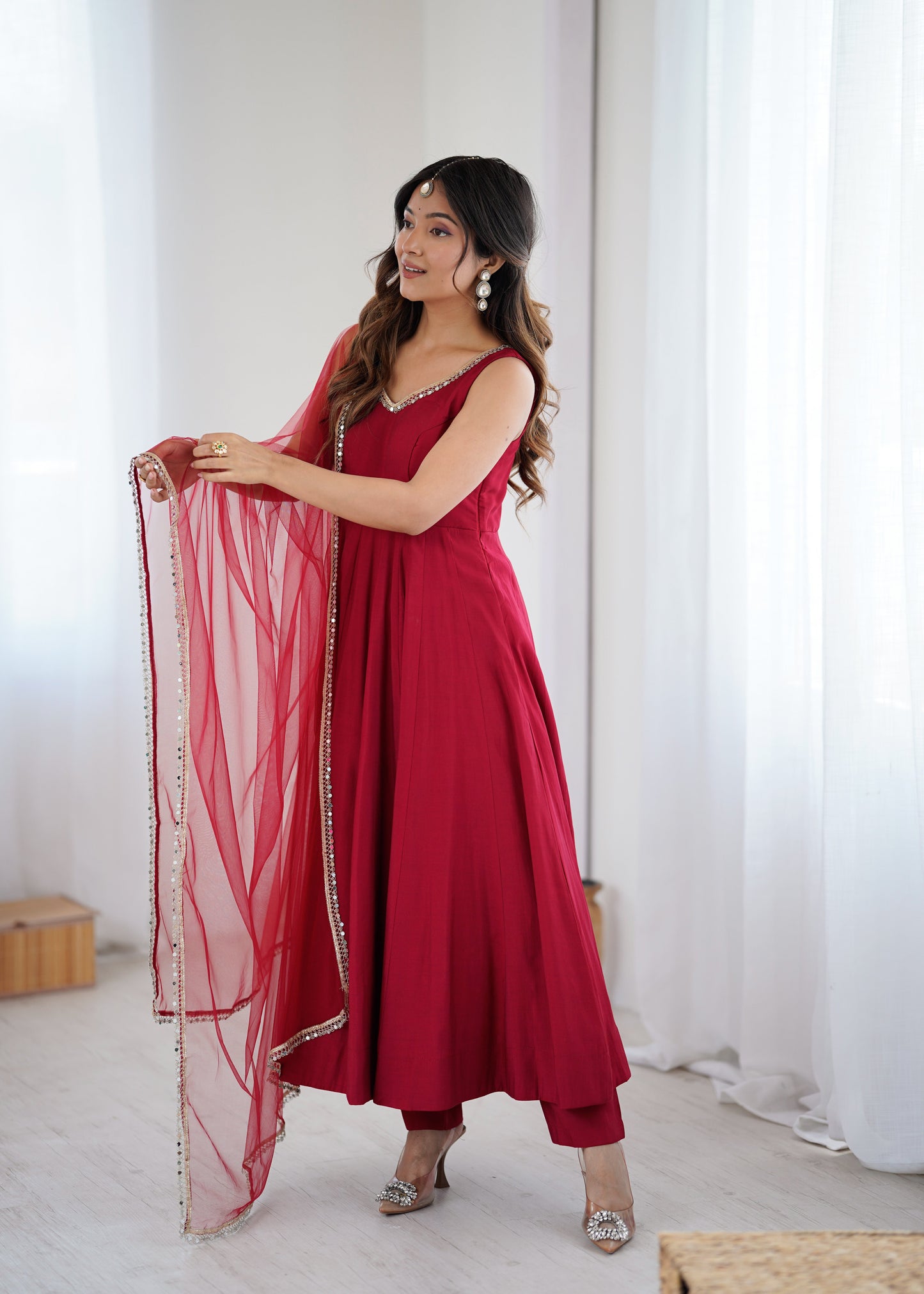 Kishika Maroon Color Anarkali Suit Set [Sleeves Fabric Attached]