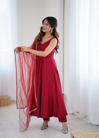 Kishika Maroon Color Anarkali Suit Set [Sleeves Fabric Attached]