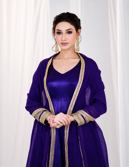 Purple Embroidered Anarkali Gown Set