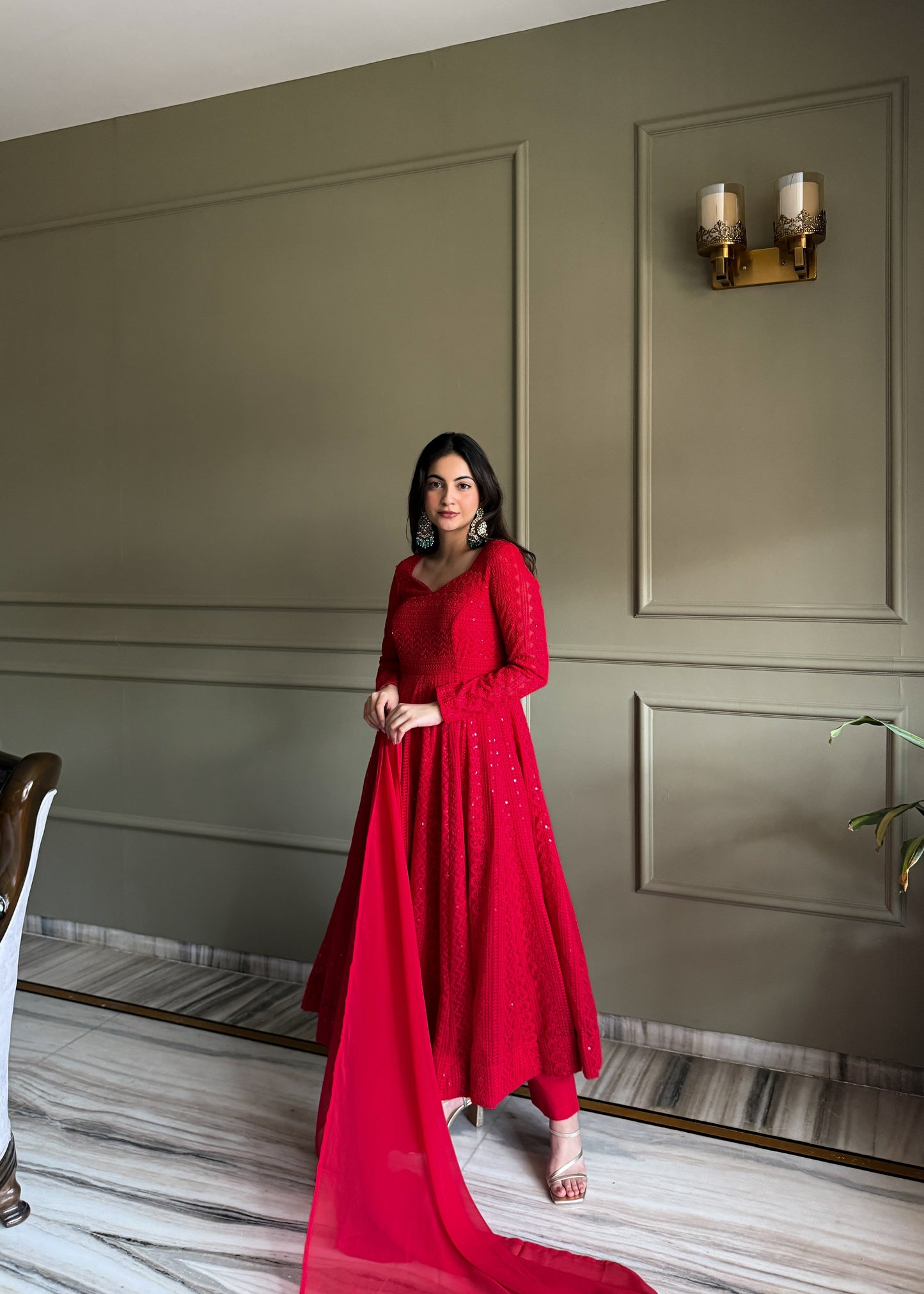 Red Luxe Lucknowi Sequence Anarkali Suit Set