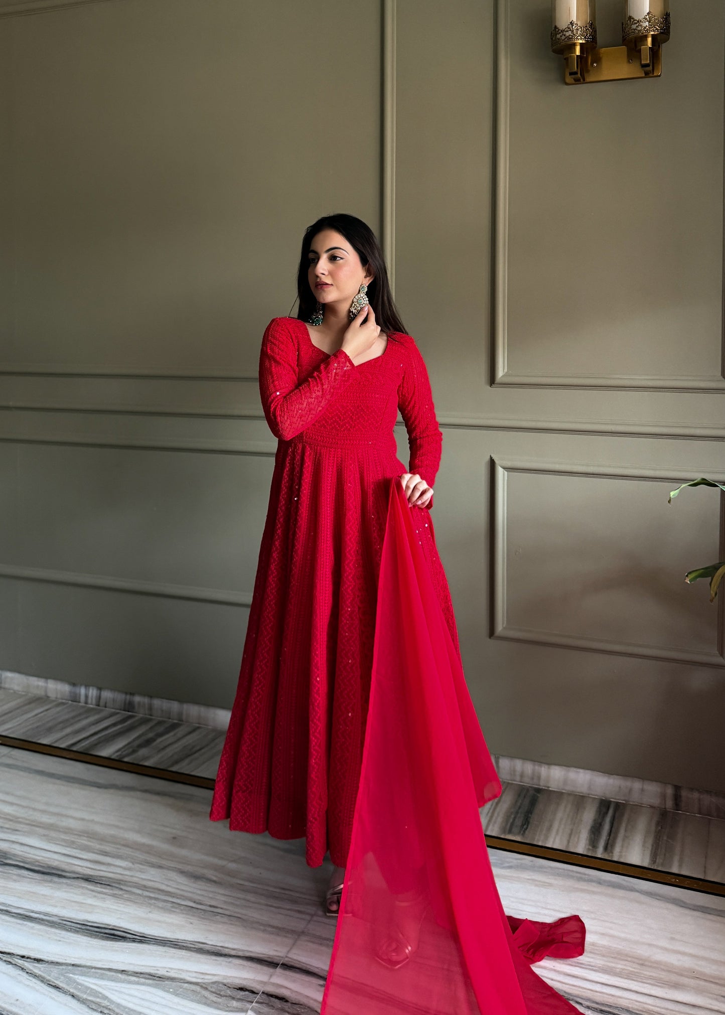Red Luxe Lucknowi Sequence Anarkali Suit Set