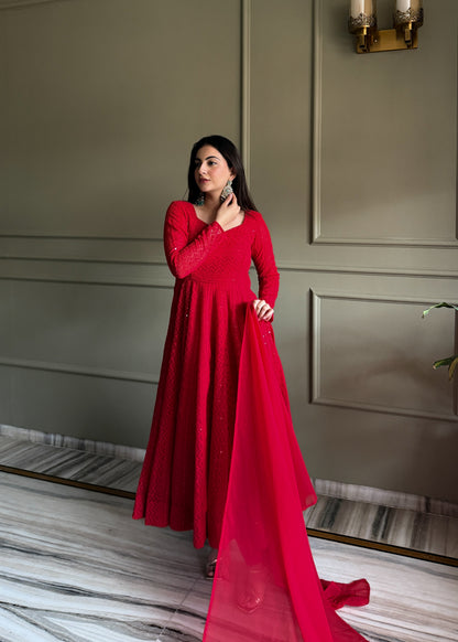 Red Luxe Lucknowi Sequence Anarkali Suit Set