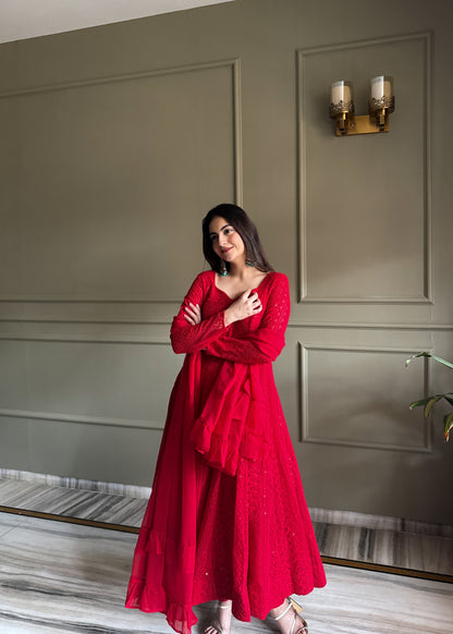Red Luxe Lucknowi Sequence Anarkali Suit Set