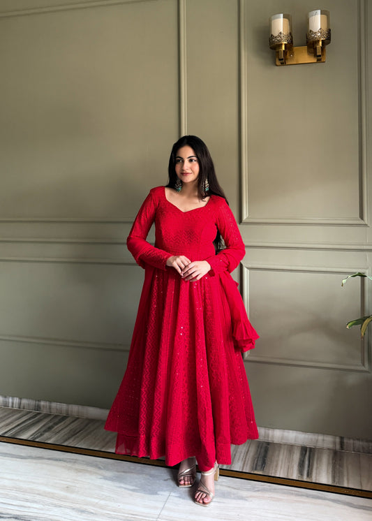 Red Luxe Lucknowi Sequence Anarkali Suit Set