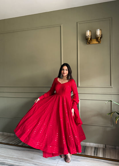 Red Luxe Lucknowi Sequence Anarkali Suit Set