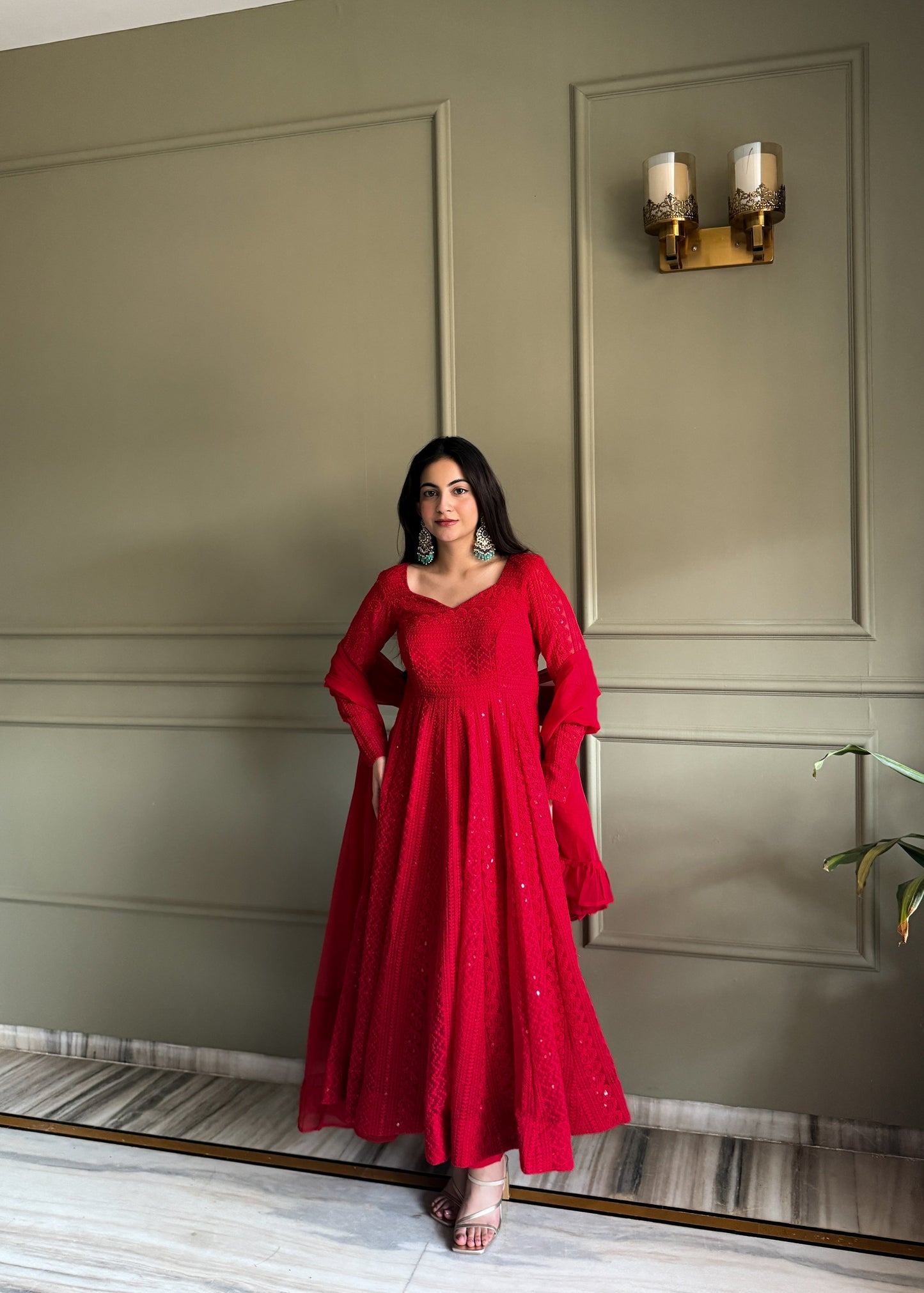 Red Luxe Lucknowi Sequence Anarkali Suit Set