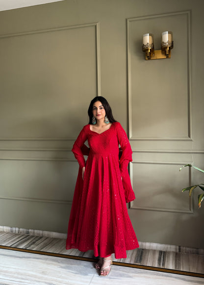 Red Luxe Lucknowi Sequence Anarkali Suit Set