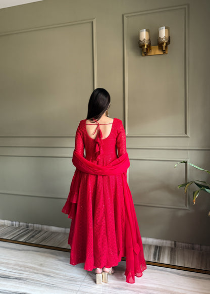 Red Luxe Lucknowi Sequence Anarkali Suit Set