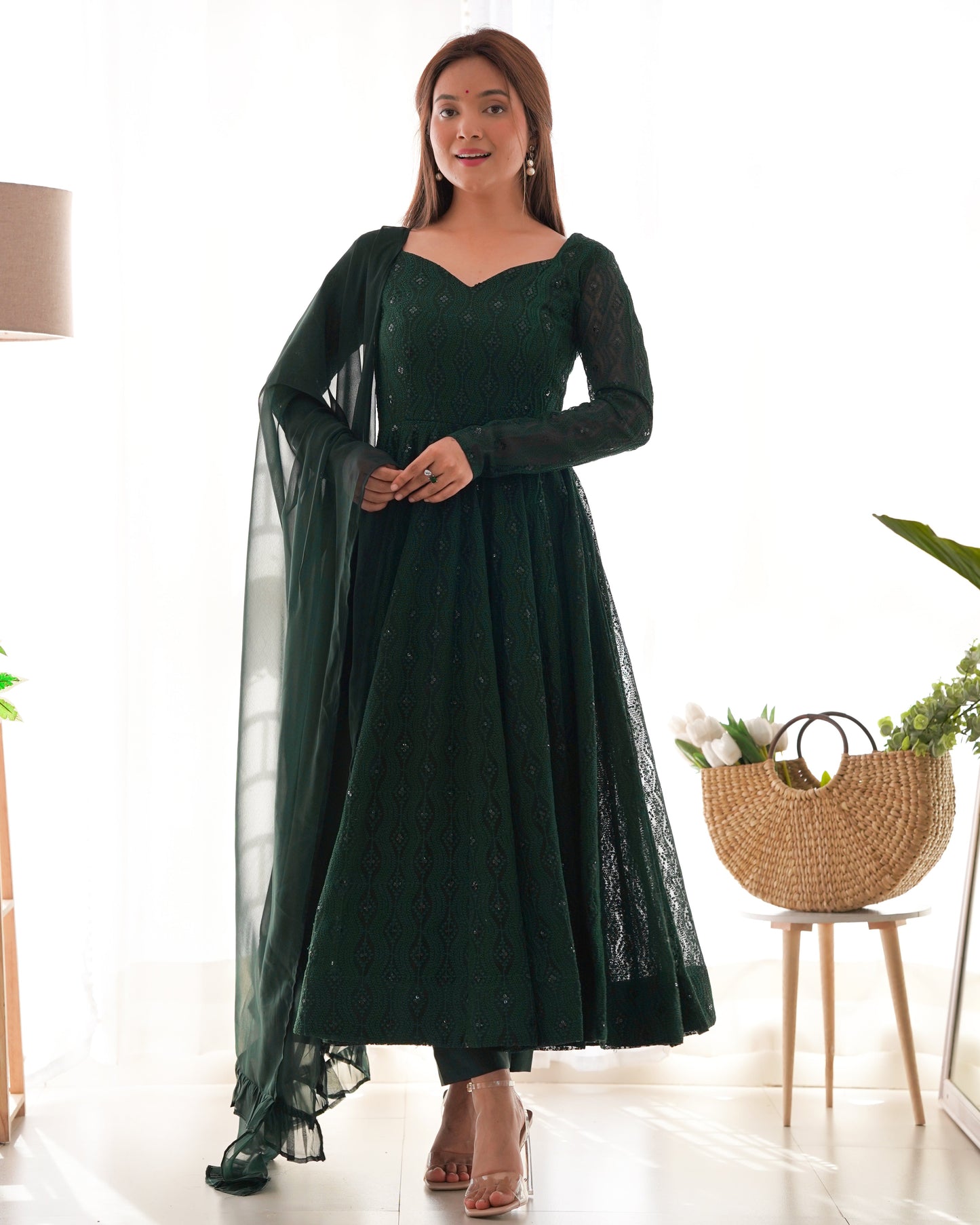 Bottle Green Designer Anarkali Suit with Pant and Dupatta