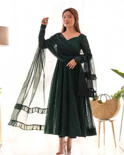 Bottle Green Designer Anarkali Suit with Pant and Dupatta