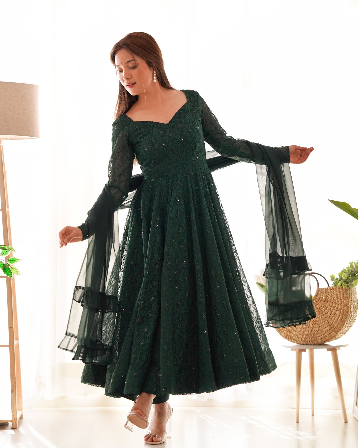 Bottle Green Designer Anarkali Suit with Pant and Dupatta