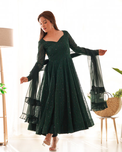 Bottle Green Designer Anarkali Suit with Pant and Dupatta