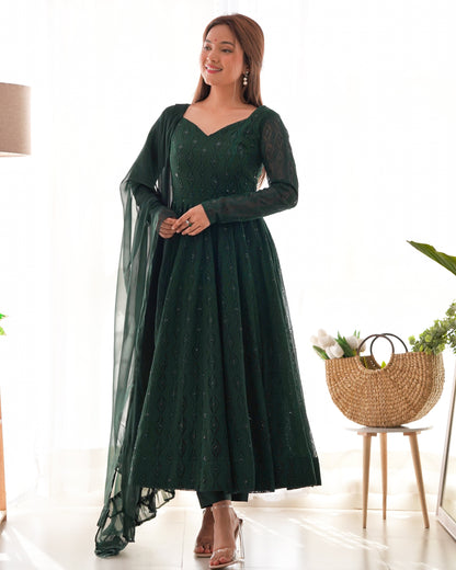 Bottle Green Designer Anarkali Suit with Pant and Dupatta