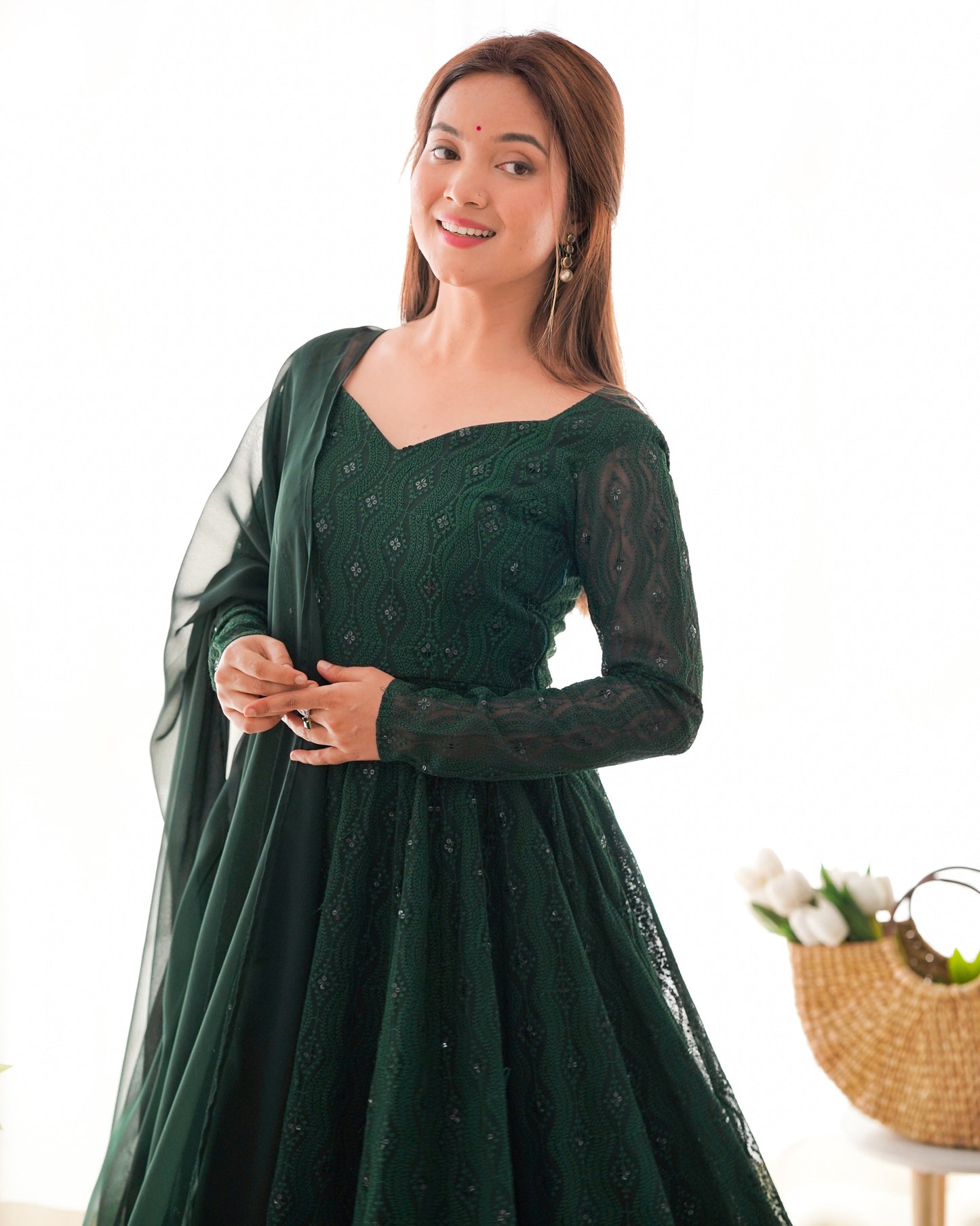 Bottle Green Designer Anarkali Suit with Pant and Dupatta