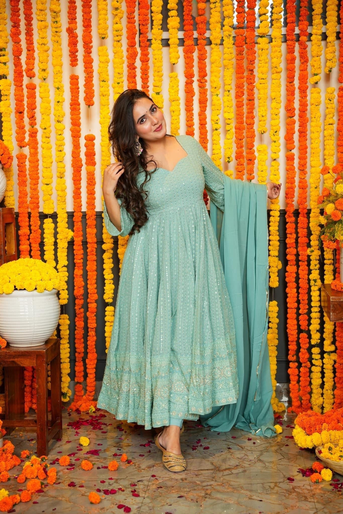 Premium Quality Sky Anarkali Suit Set