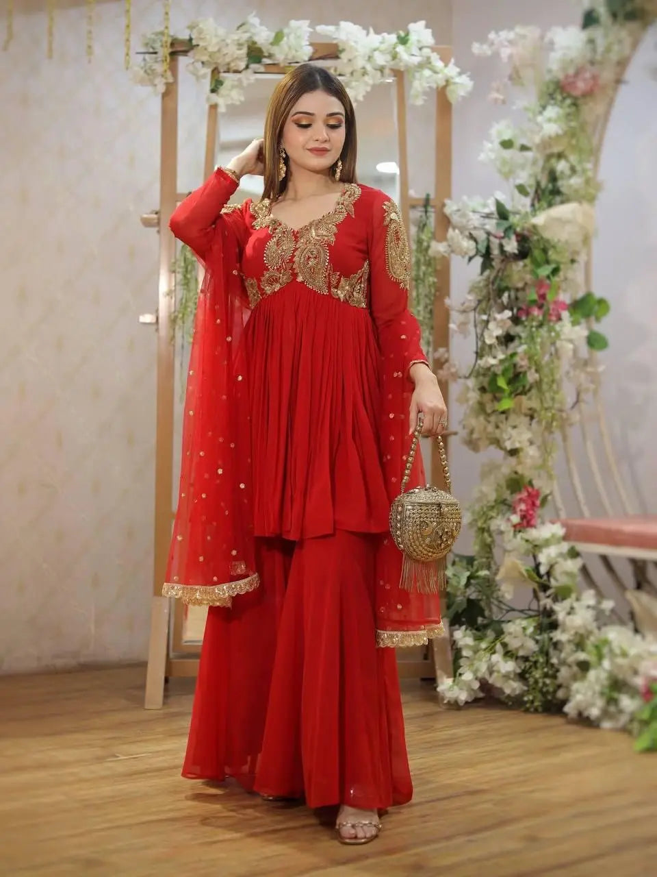 Karwa chauth Special Designed Neck work Red Kurti Sharara Dupatta Set (Ready to Wear)