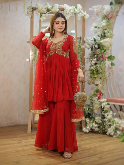Karwa chauth Special Designed Neck work Red Kurti Sharara Dupatta Set (Ready to Wear)