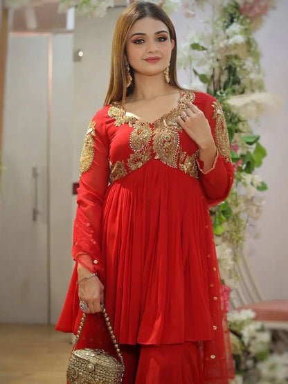 Karwa chauth Special Designed Neck work Red Kurti Sharara Dupatta Set (Ready to Wear)