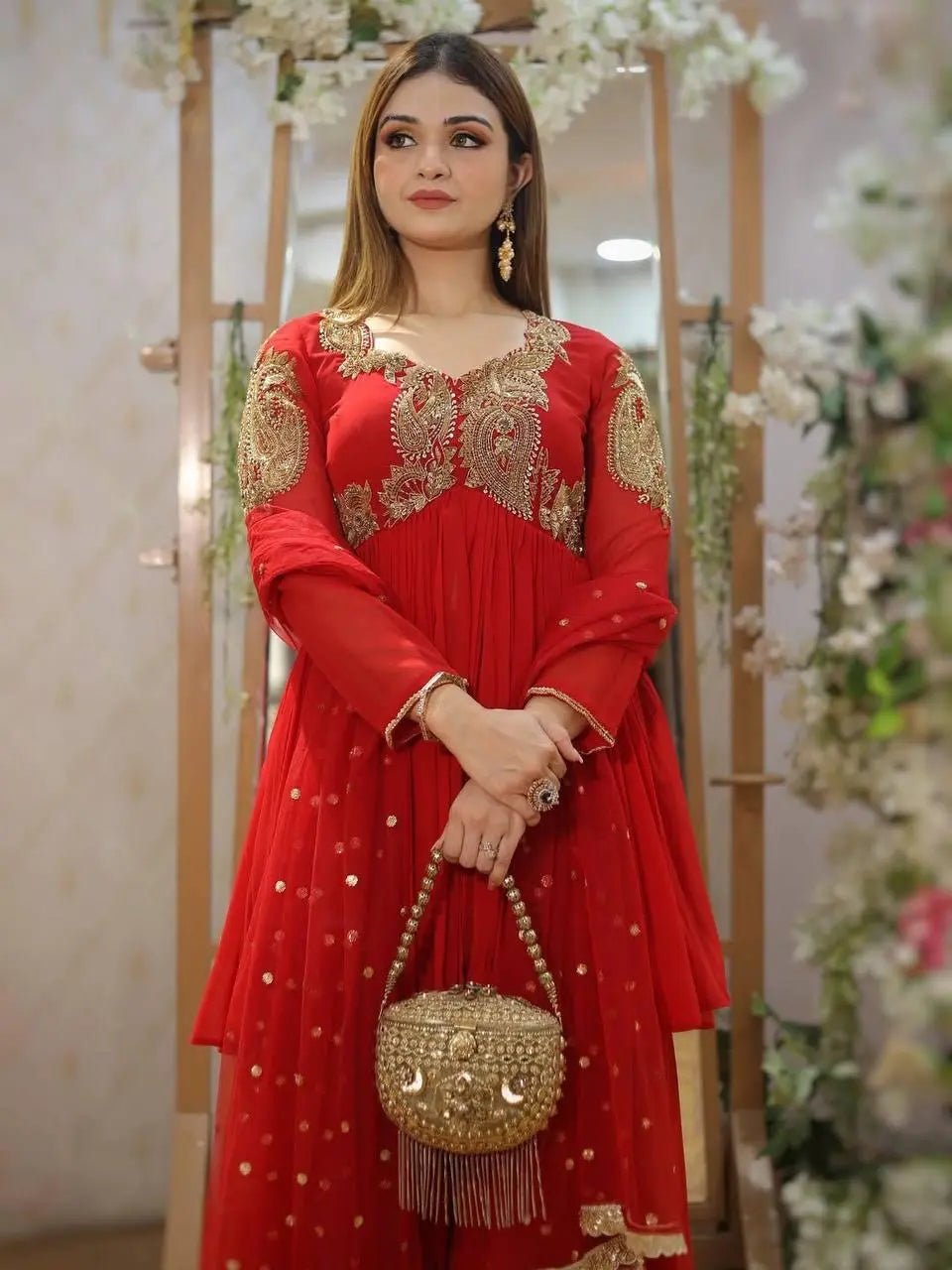 Karwa chauth Special Designed Neck work Red Kurti Sharara Dupatta Set (Ready to Wear)