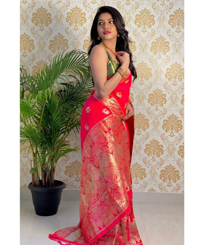 Peach Hand Woven Silk Saree with Blouse