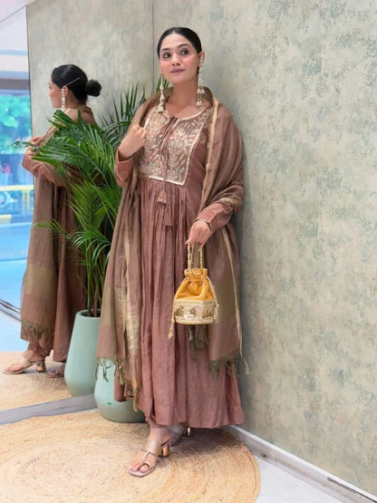 Mal Chanderi Flair Work Kurti Pant Dupatta Set (Ready to Wear)