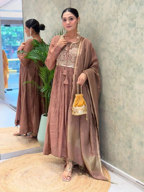 Mal Chanderi Flair Work Kurti Pant Dupatta Set (Ready to Wear)