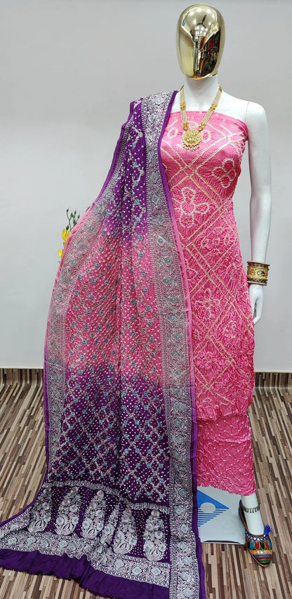 Modal Ghazi Silk Barik Bandhej Work Authentic Gujarati Bandhani Dress Material (Unstitched)