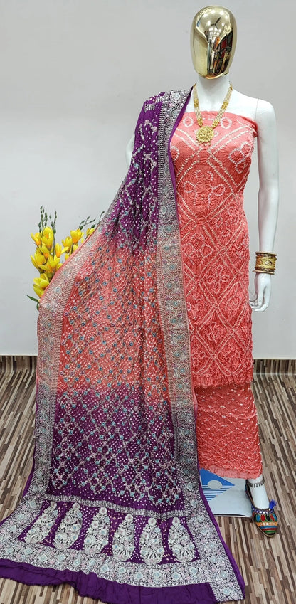 Modal Ghazi Silk Barik Bandhej Work Authentic Gujarati Bandhani Dress Material (Unstitched)