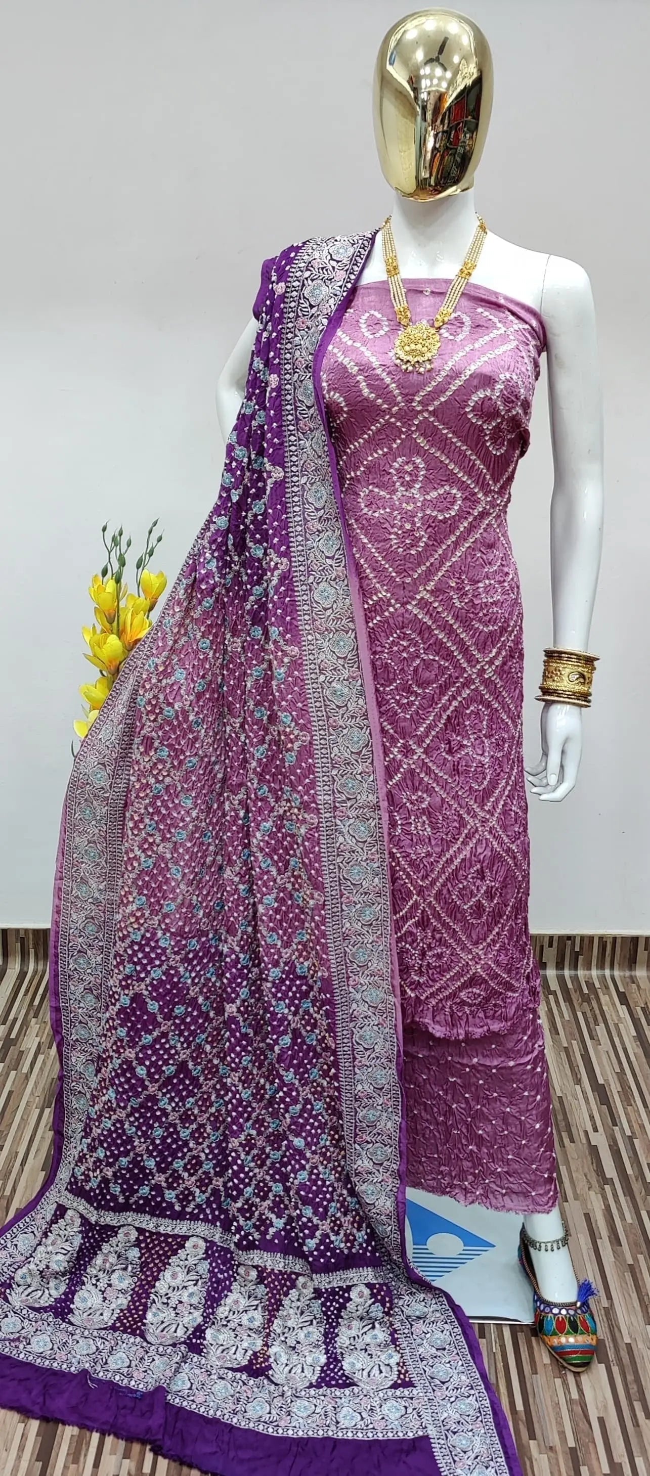 Modal Ghazi Silk Barik Bandhej Work Authentic Gujarati Bandhani Dress Material (Unstitched)