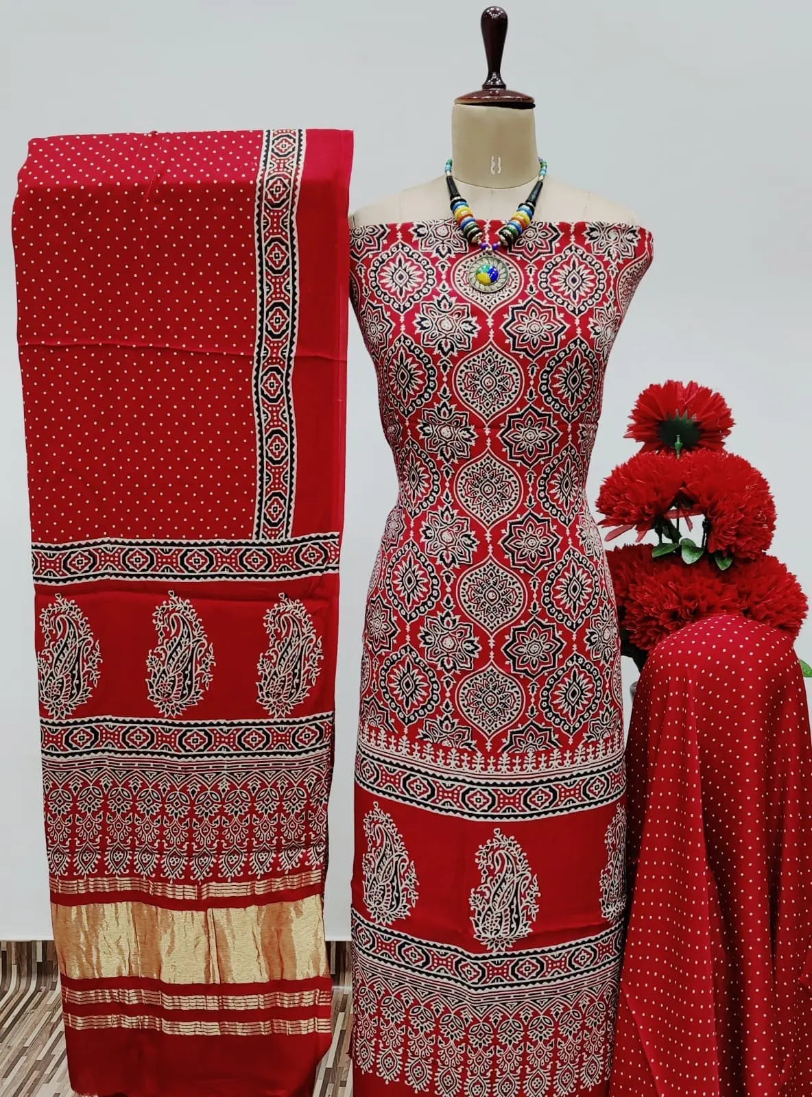 Modal Ghazi Silk Original Hand Blocked Ajrakh Print Dress Material (Unstitched)
