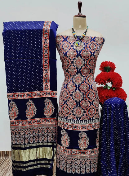 Modal Ghazi Silk Original Hand Blocked Ajrakh Print Dress Material (Unstitched)