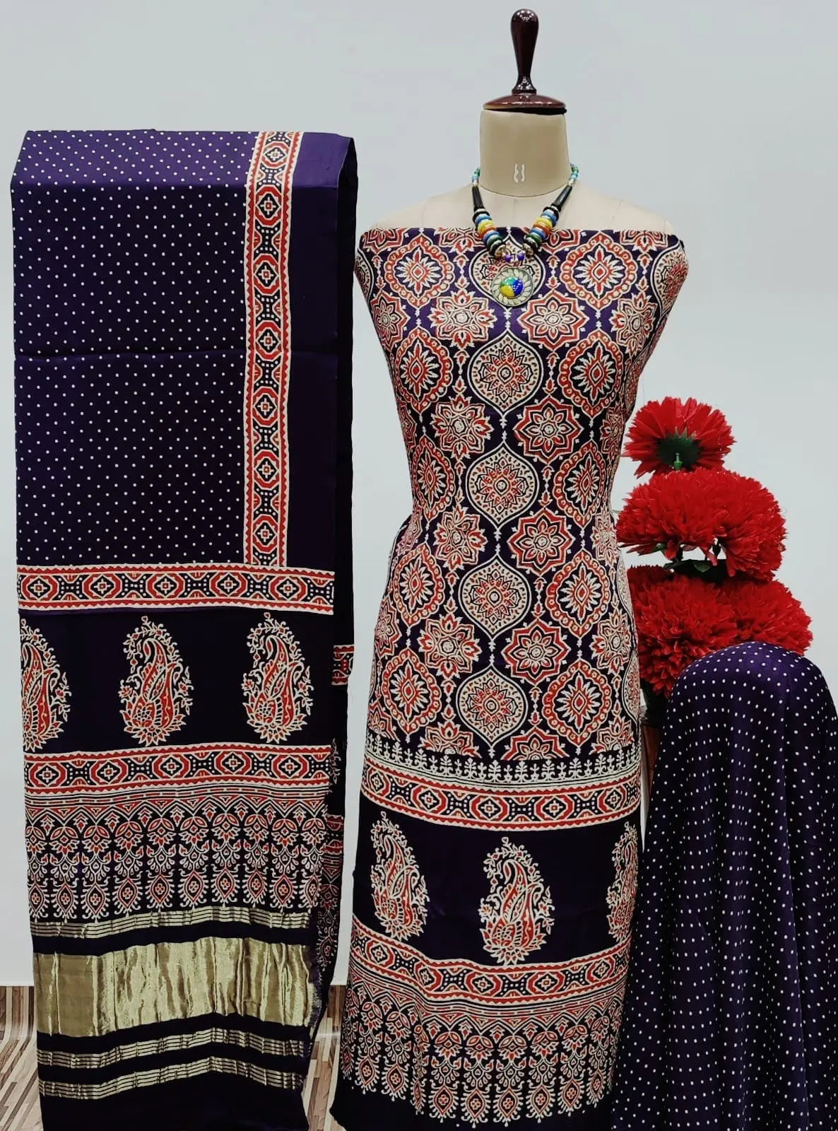 Modal Ghazi Silk Original Hand Blocked Ajrakh Print Dress Material (Unstitched)