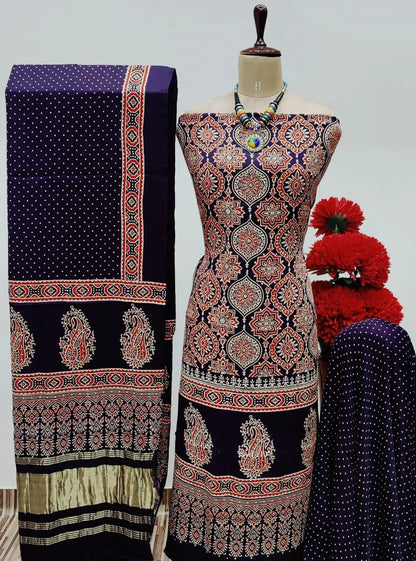 Modal Ghazi Silk Original Hand Blocked Ajrakh Print Dress Material (Unstitched)